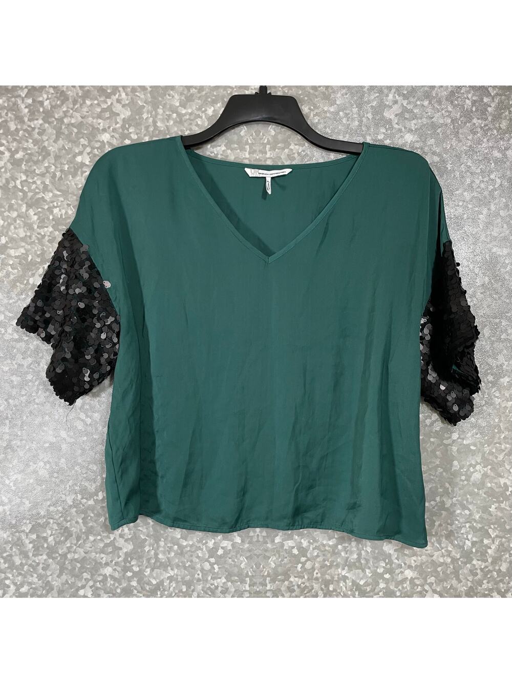 French Connection Women's Green Sequin Sleeve Crop Top - Size Large Petite (PL)